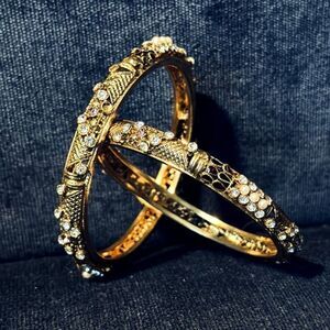 NEW Set of 2 Bangles Gold Plated Pearl Studded Multicolor Rhinestone Bracelets
